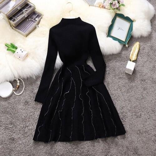 Spring and Autumn Fried Street Little Black Dress Half High Neck Long Sleeve Wild Knit Dress with Wooden Ears Female 2021 New