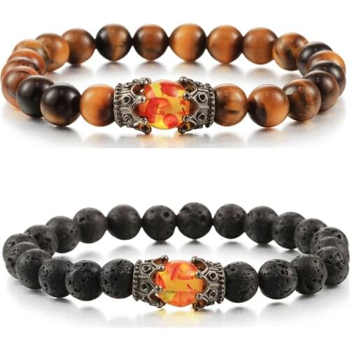 Fashion Natural Stone Black Lava Bracelets Luxury Crown Amber Tiger Eye Beaded Bracelets & Bangles for Women Men Yoga Jewelry