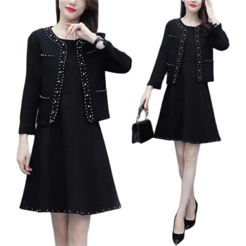 Plus Size Women Black Dresseses+Jacket Suits 2021 New Fall/Winter Slim Temperament Jacket Mid-Long Strap Dresses Two Piece Sets