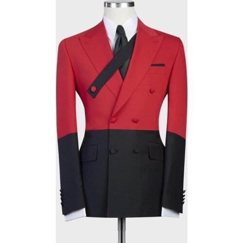 2021 Fashion Red Black Men Suit Tuxedo Slim Fit Suit For Wedding Men Double Breasted Prom Party Costume Homme (Jacket+Pants)