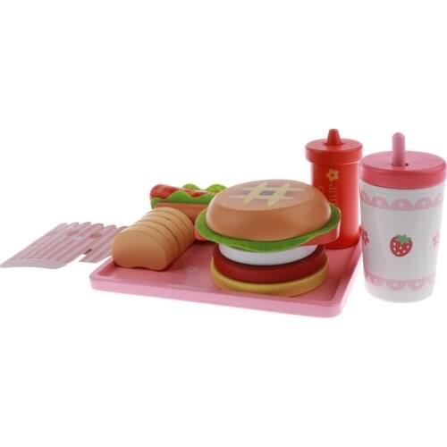 6-piece Wooden Fast Food Toy Set Pretend Play Food Cooking Set for Kids, Including Hamburger Hot Dog Spice Jars, and More