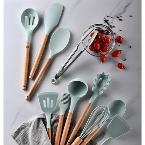 Green Food Grade Silicone Cooking Utensil Set Wooden Handle Spatula Soup Spoon Brush Colander Non-Stick Cookware Kitchen Tools