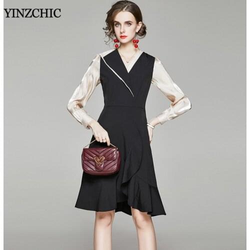 New Spring Woman Office Dress Notched Collar Ladies Elegant Trumpet Skirt Slim Black Knee-length Skirt for Woman Party Dress