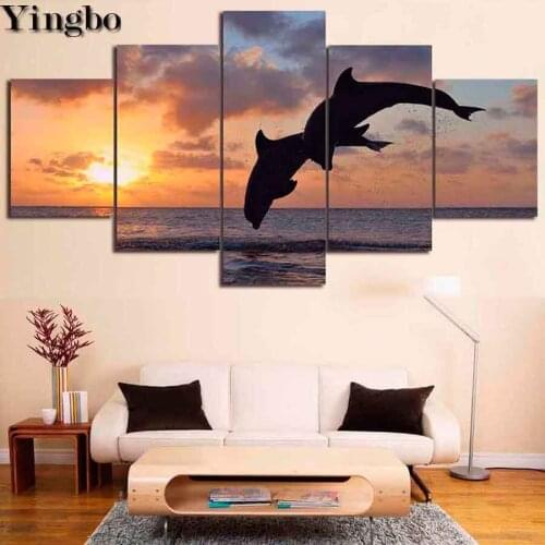 Ocean Sunset Diy diamond embroidery 5 Panel Animals Dolphins diamond painting full square/round mosaic rhinestone home decor