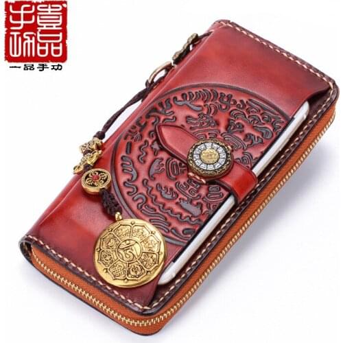Original Handmade Wallet Vintage Ethnic Zipper Bag Top Layer Leather Snow Lion Sterling Silver Nine Palace Luxury Wallet