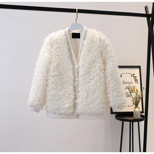 2021 Autumn Winter Fashion Show Lamb Wool Warm Womens Coat New Rhinestone Thicken Hairy Jacket Faux Fur Tops Outerwear