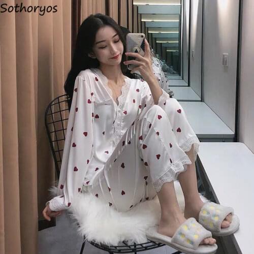 Pajama Sets Women Long Sleeve Print Fashion Chic Lace Sweet Lovely Simple Loose Casual Sleepwear V-neck Single Breasted Cozy New
