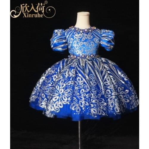 Real Picture Short Sleeve Silver Sequin Crystal Beading Girls Birthday Party Dresses Tutu Gowns Flower Girls Royal Blue Dresses