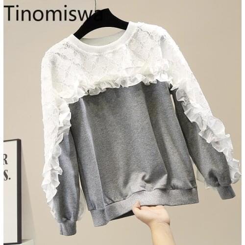 Tinomiswa Lace Patchwork Cut Out Hoodies Ruffle Patchwork O Neck Long Sleeve Contrast Color Sweatshirt All-match Ladies Tops