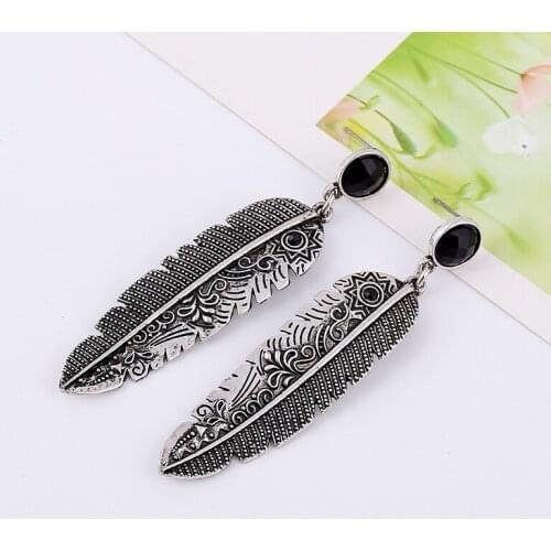 Bohemian Ethnic Vintage Long Leaf Dangle Earring Black Rhinestone Feather Antique Drop Earrings for Women Jewelry