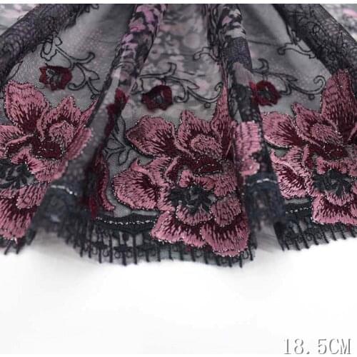 2Yds 18.5cm Wide Black Gazue Pink Big Flower And Pattern Embroidery High Quality Lace Trim For Garments And Wedding Decoration