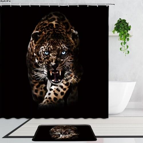 Forest Wildlife Shower Curtains Lion Tiger Wolf Creative Photo Bathroom Decor Bath Curtain Fabric Set Anti-Slip Carpet Door Mats