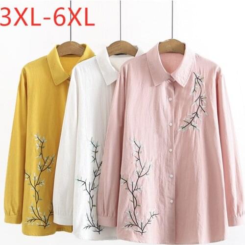 New 2021 Ladies Spring Autumn Plus Size Tops For Women Large Long Sleeve Casual Cotton Floral Embroidery Shirt 3XL 4XL 5XL 6XL