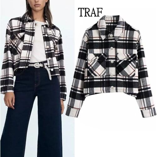 TRAF Za Women Shirt 2021 Autumn Winter Vintage Plaid Shirt Long Sleeve Buttons Coat Loose Pocket Casual Cropped Jacket Chic Top