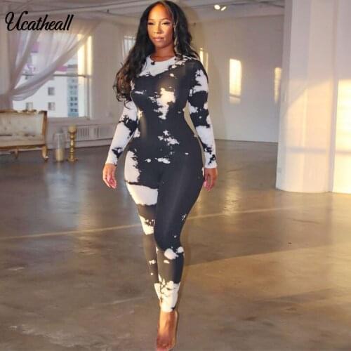 Tie Dye Print Jumpsuit Women Elegant Long Sleeve Crew Neck One Piece Sexy Bodycon Jumpsuit Pants Club Romper Women