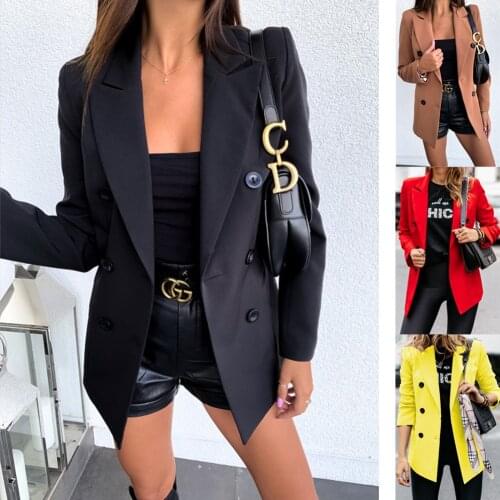 Women Casual Blazer Suit 2021 Autumn Winter Solid Double Breasted Notched Collar Long Sleeve Office Lady Chic Slim Blazer Jacket