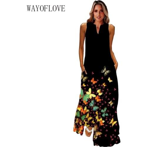 WAYOFLOVE Golden Rose Print Dress Women 2021 Elegant Casual Plus Size Long Dresses Summer Woman Sleeveless Girl Beach Maxi Dress