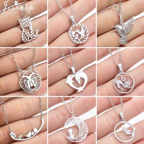 Simple Origami Animal Pendant Necklace Women Stainless Steel Jewelry Fashion Wolf Cat Hummingbird Necklaces Choker Collier