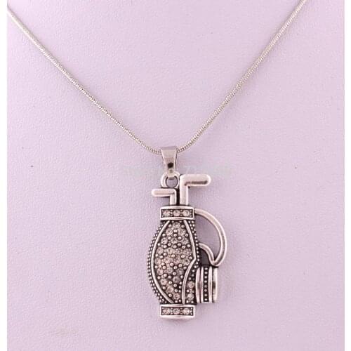 10pcs a lot Antique silver zinc studded with sparkling crystals Golf Bag Crystal Pendant with snake chain necklace