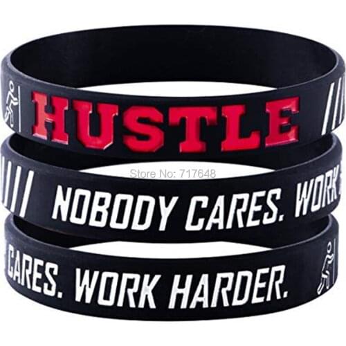 100pcs Inspirational Quote HUSTLE Nobody Cares Work Harder wristband silicone bracelets free shipping by ePacket A