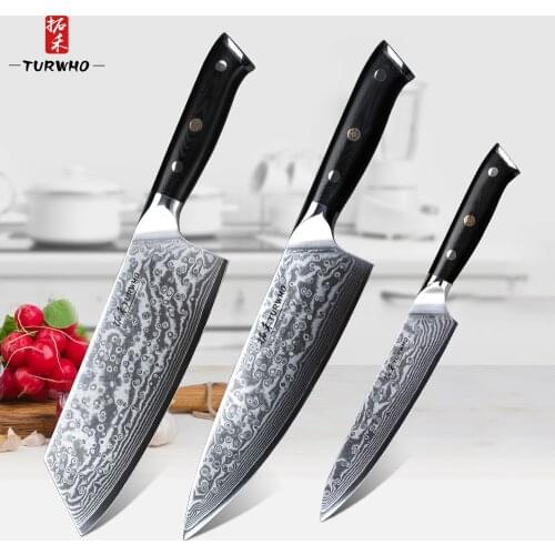 TURWHO 3 Pcs Kitchen Knives Set Damascus Kitchen Knife Razor Sharp Japanese Chef Cleaver Utility Knife G10 Handle Kitchen Tools