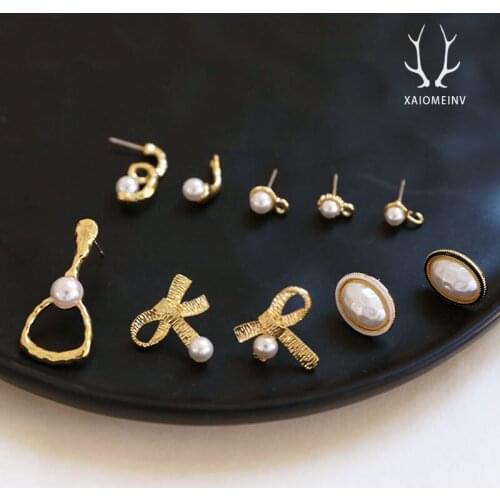 6pcs Baroque style alloy pearl Round Statement Earrings Women Korean geometric bow stud earring DIY handmade jewelry material