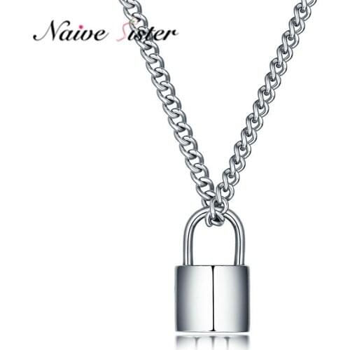 Color Do Not Fade ) Women Jewelry Stainless Steel Padlock Necklace Punk Hiphop Rock Lock Pendant Men Friendship Gifts Long