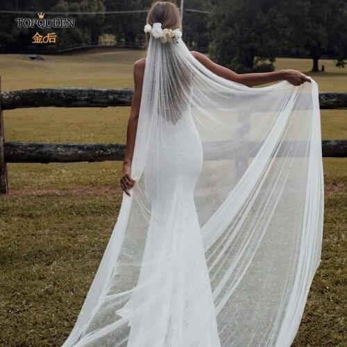 TOPQUEEN V09 Long Bridal Veils Pearls Beaded Luxury Cut Edge with Comb 3M Wedding Veils for Veiled Women Extra Long Royal VEIL