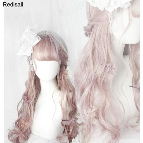 Harajuku Lolita Wig Curly Sweet Mixed Pink Gray Long Body Wave Cute Synthetic Hair Fringe Bangs Adult Girls