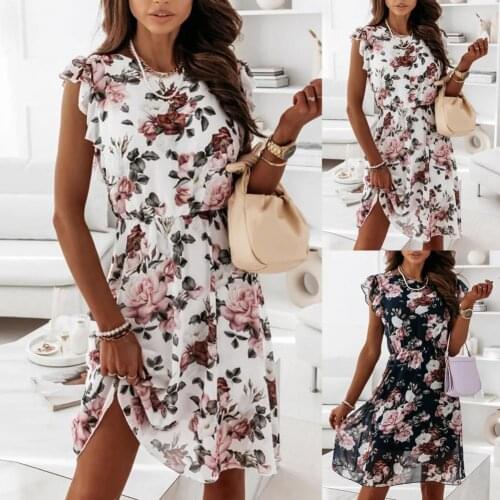 Summer Midi Dress Floral Print Ruffles Sleeve Women Dresses Vintage Round Neck Large Hem Dress Loose Plus Size A-Line Dresses