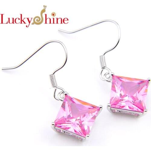 Luckyshine Newest Sqaure Pink Crystal Zirconia Silver Wedding Holiday party Dangle Earrings Russia USA Australia Earrings