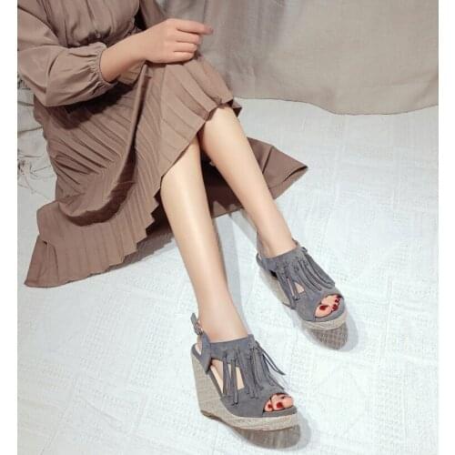 Sweet 2021 new sandals womens summer high heel slope heel waterproof platform muffin bag heel tassel fish mouth sandals