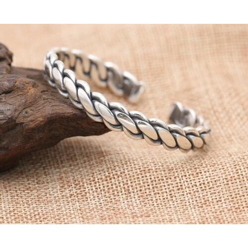 Wholesale S925 Sterling Silver Thai Silver Jewelry Personality mens Handmade Silver Woven Hemp Fashion Bangle Open Ended Bangle