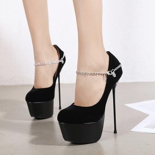 New Womens Pumps Sexy Platform Shoes Suede High Heels Single Shoe Chain Decorative Black Mary Janes Thin Heels Sandalias Mujer