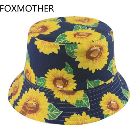 FOXMOTHER New Fashion Navy White Sun Flower Floral Print Bucket Hats For Women Ladies Fisherman Caps Summer