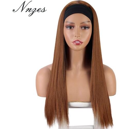 NNZES 24inches Headband Wig Long Brown Natural Straight Hair Synthetic Wigs Heat Resistant Fiber Black Color for Black Women