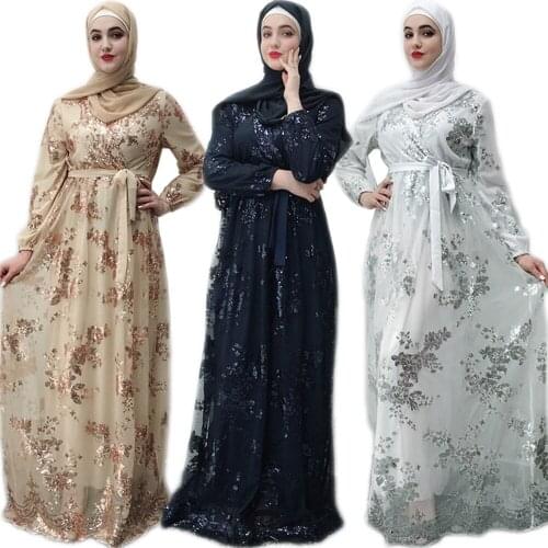 Muslim Sequins Lace Long Dress Women Elegant Abaya Dubai Kaftan Middle East Turkish Bridesmaid Arabic Maxi Robe Gown Ramadan New