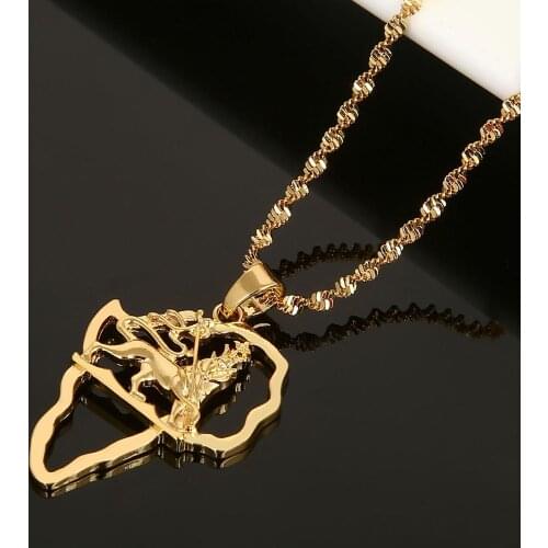 Gold Color Africa Map Pendant Necklace Women Men Fashion Africa Map Lion ChainJewelry