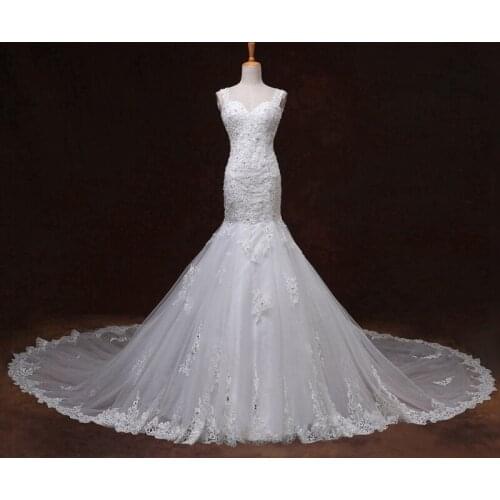 Luxury Cathedral Train Embroidery Appliques Tulle Crystal Mermaid Wedding Dress 2021 Hot Sale Sweetheart Neck Sleeveless Gown