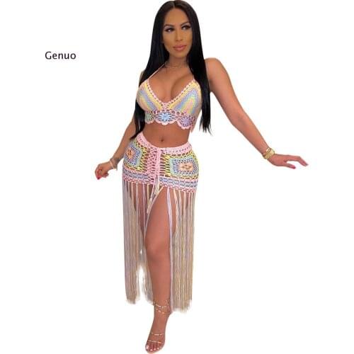 Sexy Crotchet Knit Cover Up Swimwear Women Tassels Summer 2 Piece Beach Set Hollow Out Bandage Two Piece Skirt Set