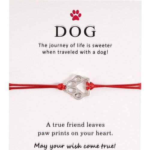 Silver Color Dog Paw Wish Card Bracelet for Women 7 Colors Rope Bracelets with Cards Red Thread Jewelry Gifts Unique Pakaging