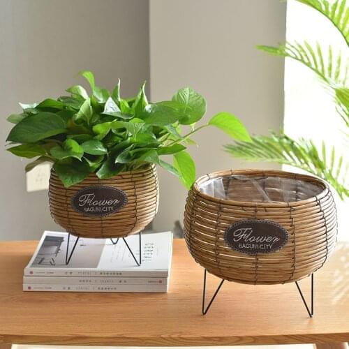 Nordic Straw Woven Basket Flower Basket Bamboo Vine Woven Flowerpot Basket Woven Flowerpot Green Rose Flowerpot