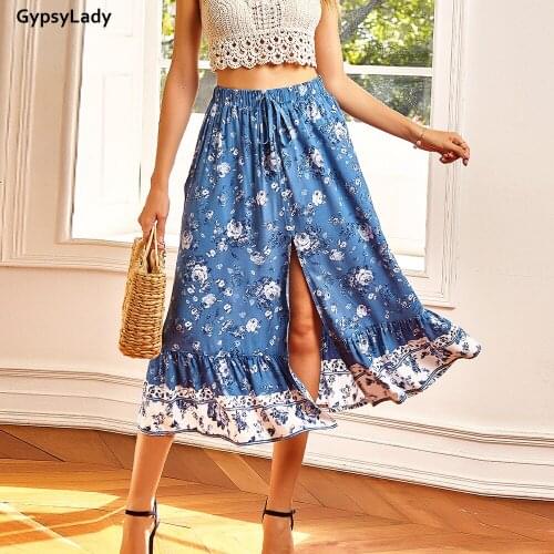 GypsyLady Vintage Floral women Skirt blue Spring split sexy Casual Holiday Skirt Rayon Elastic Waist Beach Chic Skirts New 2021