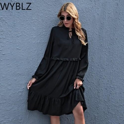 WYBLZ Vintage Black Maxi Dress Womens Autumn Sundress 2021 Casual Long Sleeve Ruffle Vestidos Female Baggy Robe Clothing