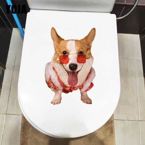 YOJA 16.2×25.1CM Cute Corgi Animal Home Wall Stickers Fun Cartoon Bathroom Toilet Decoration T1-2983