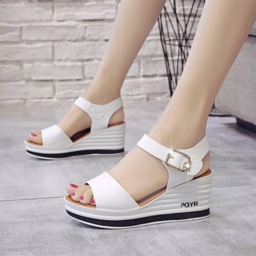 High Quality Summer Shoes Woman Sandals Leather High Heel Wedge Female Sandals Sponge Cake with Open Toe Thick Female Shoe