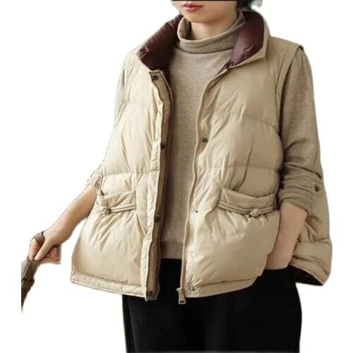 2021 Women Stand Collar Single-Breasted Sleeveless Pocket White Duck Down Waistcoat Fashion Elegant Pure Color Casual Warm Vest