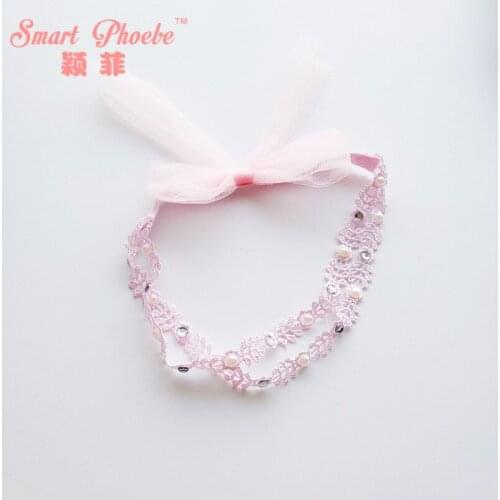 10pcs/2C Fashion Glitter Gemstone Crochet Bowknot Girls Hairbands Solid Kawaii Gauze Lace Bow Girls Elastic Headbands Headwear