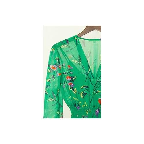 2019 summer Irregular Slim Floral Print green V-neck Dress