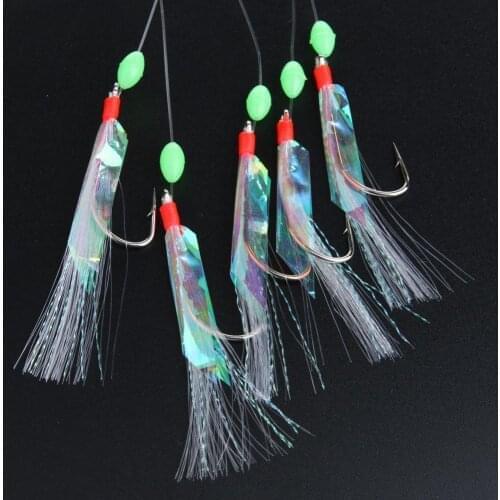 5 Pcs Steel Carbon Mackerel Feathers Bass Cod Fishing Lures Sea Fishing Tackle Boat Luminous Fishing Hook Treble Fishing Lures